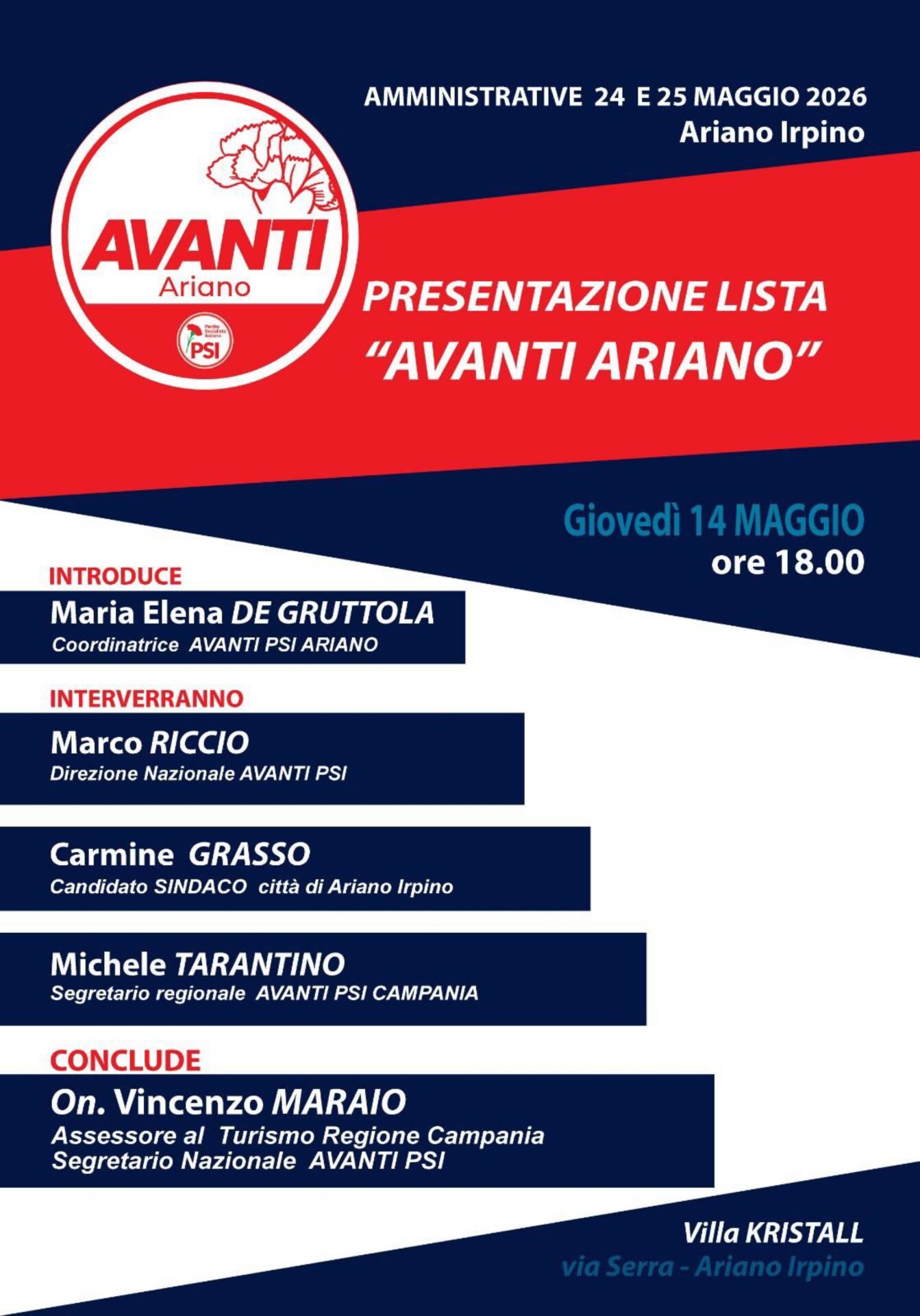 Presentazione lista Avanti Ariano PSI alla presenza dell’Assessore regionale al Turismo Enzo Maraio