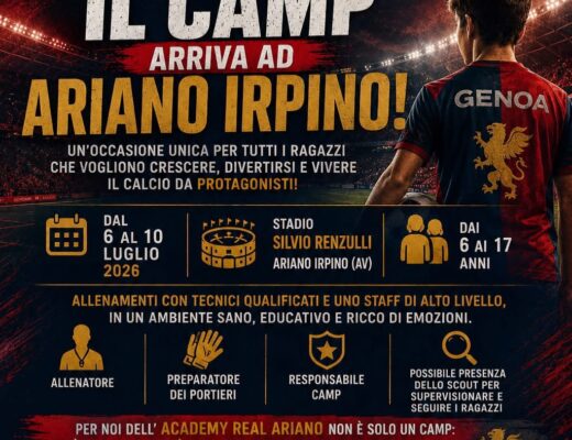Ariano Irpino protagonista del calcio giovanile: dal 6 al 10 luglio il Genoa Academy Camp al “Silvio Renzulli”