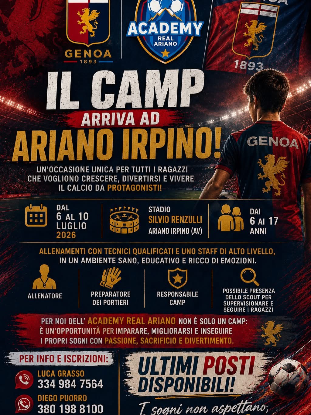 Ariano Irpino protagonista del calcio giovanile: dal 6 al 10 luglio il Genoa Academy Camp al “Silvio Renzulli”