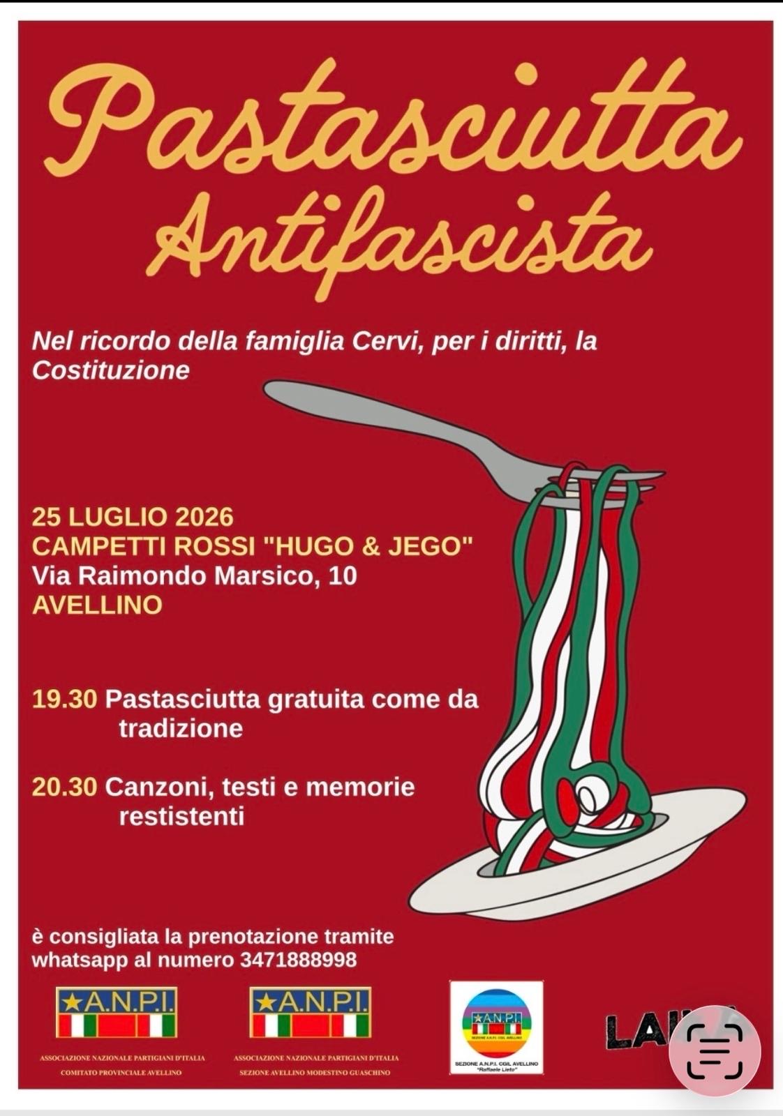 L’ANPI celebra anche ad Avellino la pastasciutta antifascista ed invita a partecipare