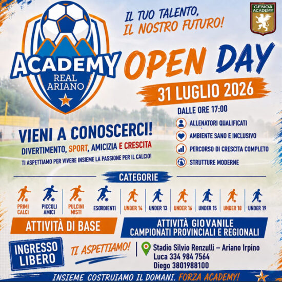 31 luglio: Academy Real Ariano, Open Day gratuito e selezioni per la stagione 2026/2027